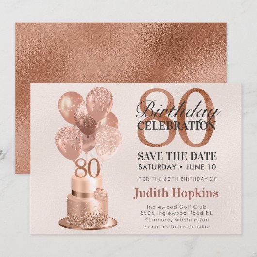 Save The Date Enregistrer La Date 80e Anniversaire Rose Gold Cak (Devant / Derrière)