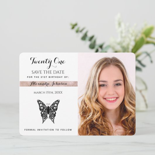 Save The Date Enregistrer la date Anniversaire Photo Papillon no (Debout devant)