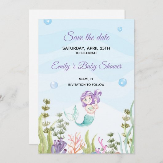 Save The Date Enregistrer la date Aquarelle de sirène violet (Devant / Derrière)