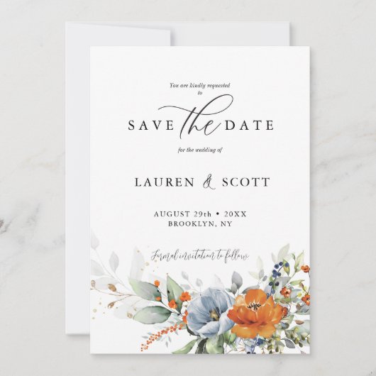 Save The Date Enregistrer la date avec des fleurs orange et bleu (Devant)
