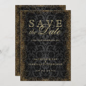 Save The Date Enregistrer la date Black Damask et Gold Confetti (Devant / Derrière)