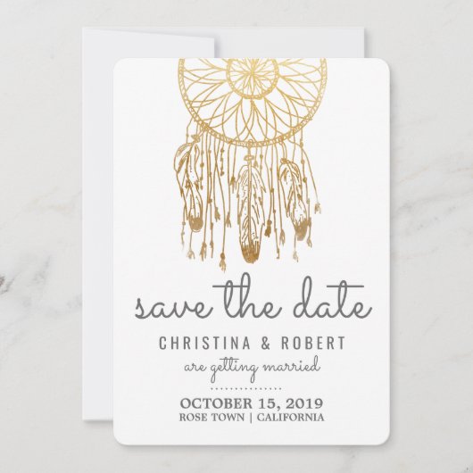 Save The Date Enregistrer la date Bohème Dreamcatcher Faux Or Fe (Devant)