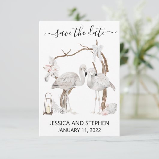 Save The Date Enregistrer la date Boho Flamant rose Tropical (Debout devant)