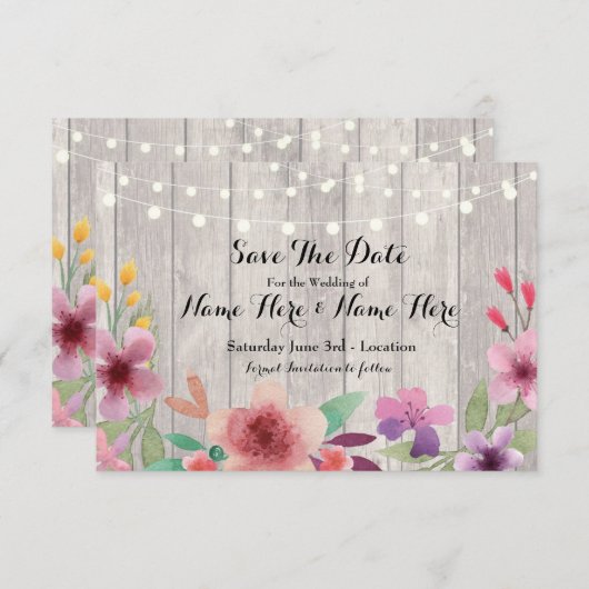 Save The Date Enregistrer La Date Bois Rustique Floral Lumières  (Devant / Derrière)