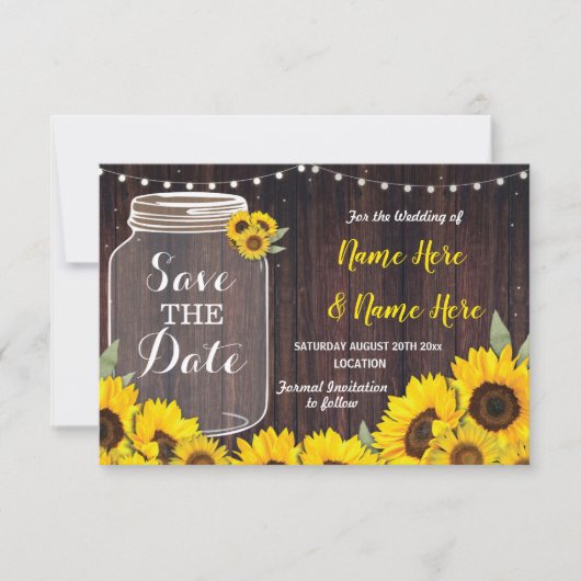 Save The Date Enregistrer La Date Bois Rustique Jar Sunflowers I (Devant)