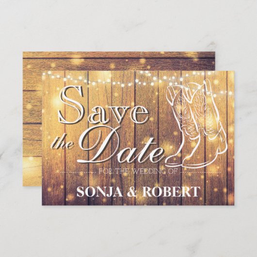 Save The Date Enregistrer la date - Botte de cowboy, Bois avec l (Devant / Derrière)