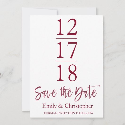Save The Date Enregistrer la date Bourgogne Marsala Script moder (Devant)