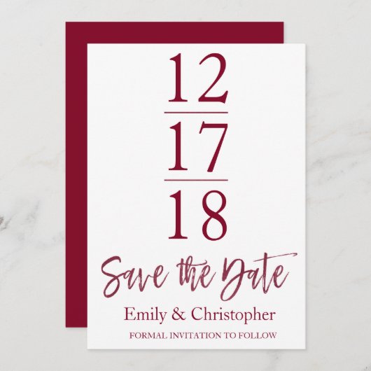 Save The Date Enregistrer la date Bourgogne Marsala Script moder (Devant / Derrière)