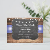 Save The Date Enregistrer La Date Chalk Wood Rustic Blue Check C (Debout devant)