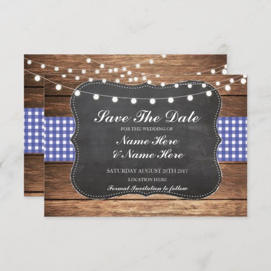 Save The Date Enregistrer La Date Chalk Wood Rustic Blue Check C (Devant / Derrière)