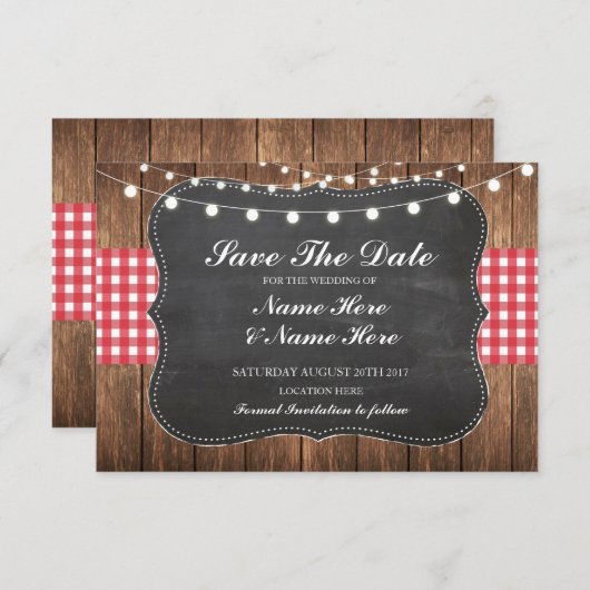 Save The Date Enregistrer La Date Chalk Wood Rustic Red Check Ca (Devant / Derrière)