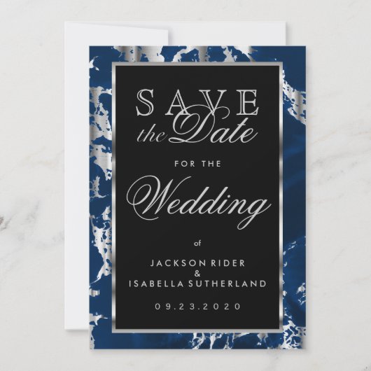 Save The Date Enregistrer la date Deep Blue and Silver Marble (Devant)