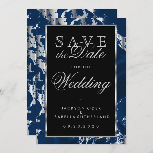 Save The Date Enregistrer la date Deep Blue and Silver Marble (Devant / Derrière)