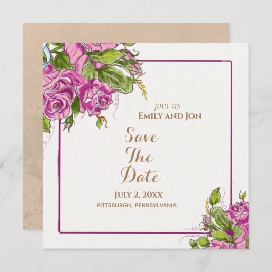 Save The Date Enregistrer la date Elegant Aquarelle rose Roses c (Devant / Derrière)