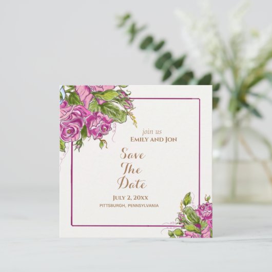 Save The Date Enregistrer la date Elegant Aquarelle rose Roses c (Debout devant)