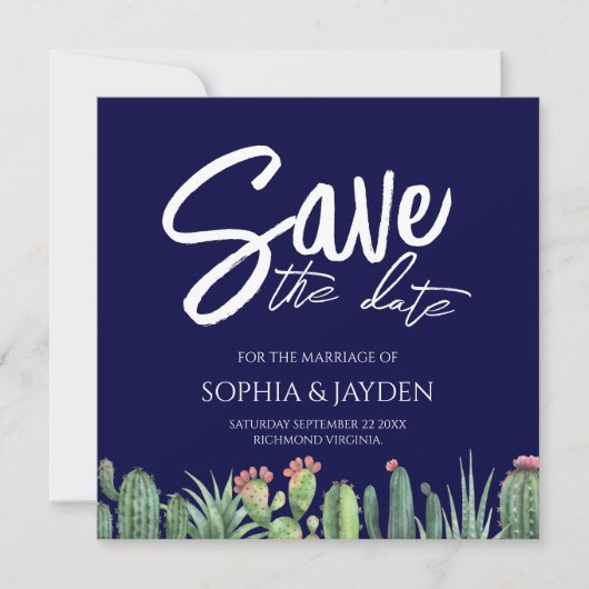 Save The Date Enregistrer La Date Elegant Dark Navy Blue Cactus (Devant)
