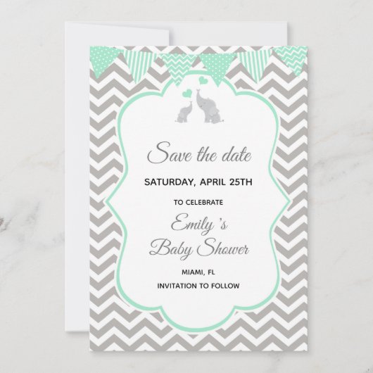 Save The Date Enregistrer La Date Elephant Mint Vert Argent (Devant)
