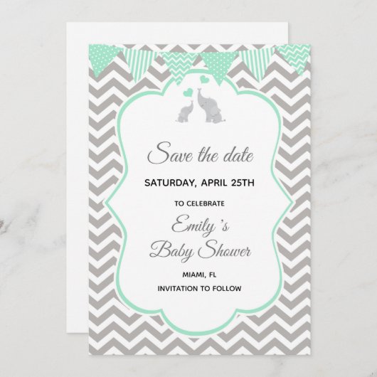 Save The Date Enregistrer La Date Elephant Mint Vert Argent (Devant / Derrière)