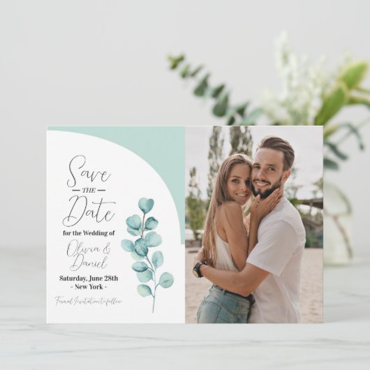 Save The Date Enregistrer La Date Eucalyptus Mariage Photo Feuil (Debout devant)
