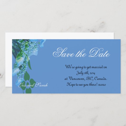 Save The Date enregistrer la date, fleurs d'hydrangée bleue (Devant / Derrière)