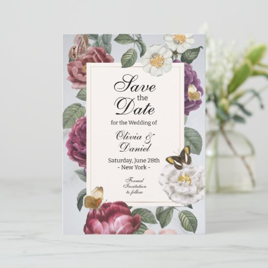 Save The Date Enregistrer La Date Floral Bloom Butterfly Fleurs (Debout devant)