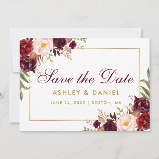 Save The Date Enregistrer La Date Floral Burgundy Gold BB (Devant)