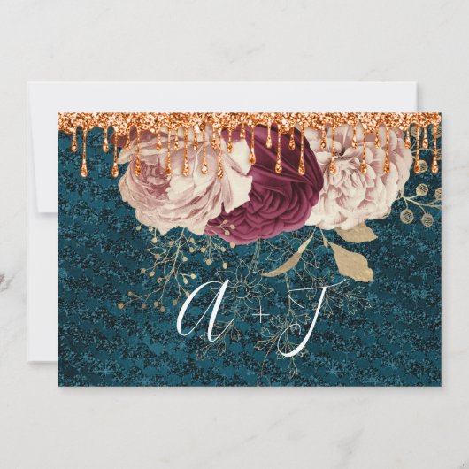 Save The Date Enregistrer La Date Florals Rose Cuivre Drip Turqu (Dos)