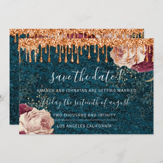 Save The Date Enregistrer La Date Florals Rose Cuivre Drip Turqu (Devant / Derrière)