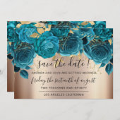 Save The Date Enregistrer La Date Florals Rose Gold Blue Turquoi (Devant / Derrière)