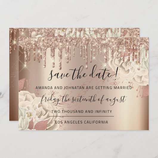 Save The Date Enregistrer La Date Florals Rose Gold Drives Blanc (Devant / Derrière)