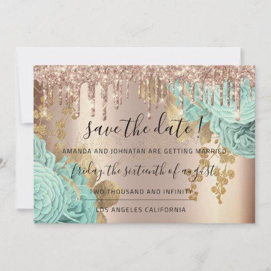 Save The Date Enregistrer La Date Florals Rose Gold Drives Bleu (Devant)