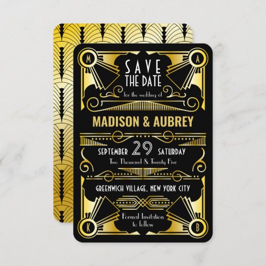 Save The Date Enregistrer la date Gatsby Mariage Art Déco Gold N (Devant / Derrière)
