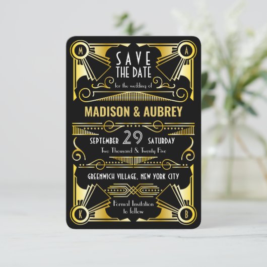 Save The Date Enregistrer la date Gatsby Mariage Art Déco Gold N (Debout devant)
