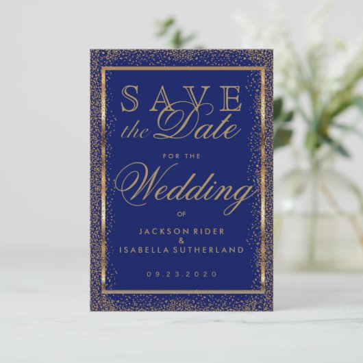 Save The Date Enregistrer la date Gold Confetti et Dark Blue (Debout devant)