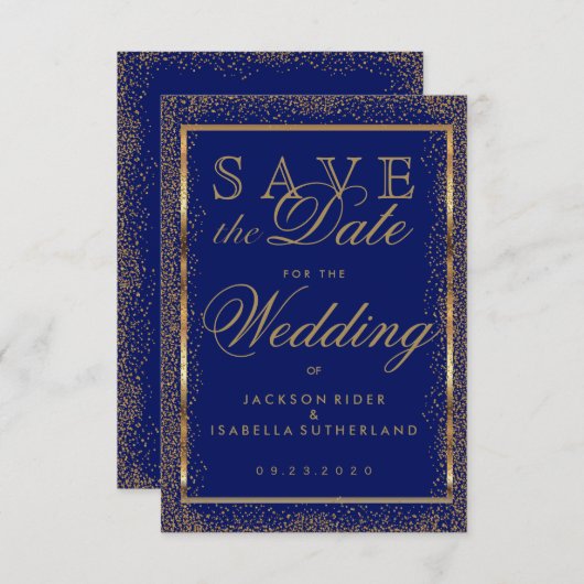 Save The Date Enregistrer la date Gold Confetti et Dark Blue (Devant / Derrière)
