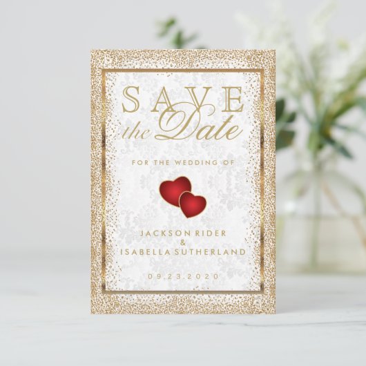Save The Date Enregistrer la date Gold Confetti et White Damask (Debout devant)