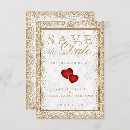Save The Date Enregistrer la date Gold Confetti et White Damask (Devant / Derrière)
