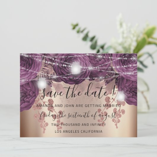 Save The Date Enregistrer La Date Gold Floral Purple Roses Lumiè (Debout devant)