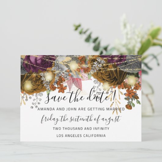 Save The Date Enregistrer La Date Gold Floral Roses Lumières Bla (Debout devant)