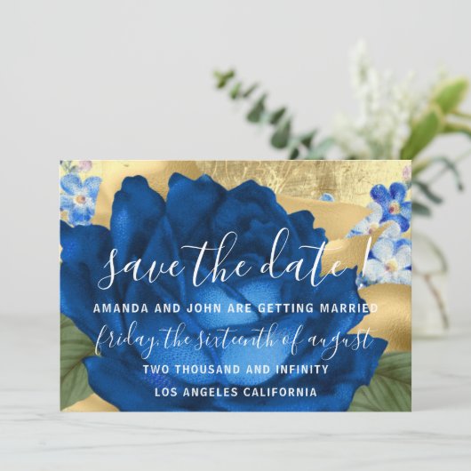 Save The Date Enregistrer la date Gris Wreath Or Bleu Royal (Debout devant)