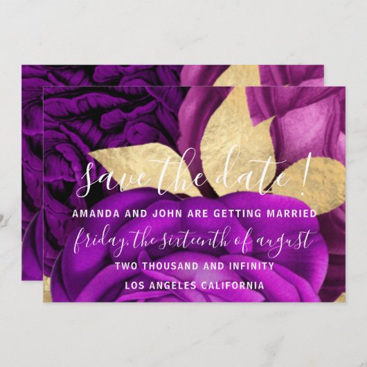 Save The Date Enregistrer la date Gris Wreath Or Purple Roses (Devant / Derrière)