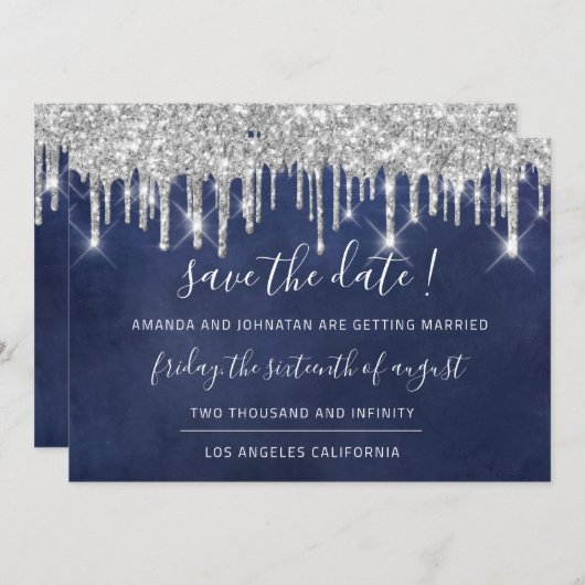 Save The Date Enregistrer La Date Kraft Silver Grey Drip Blue Na (Devant / Derrière)