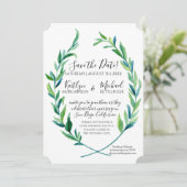 Save The Date Enregistrer la date Laurel Wreath Olive Leaf Branc (Debout devant)