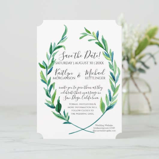 Save The Date Enregistrer la date Laurel Wreath Olive Leaf Branc (Debout devant)