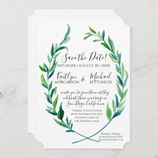 Save The Date Enregistrer la date Laurel Wreath Olive Leaf Branc (Devant / Derrière)