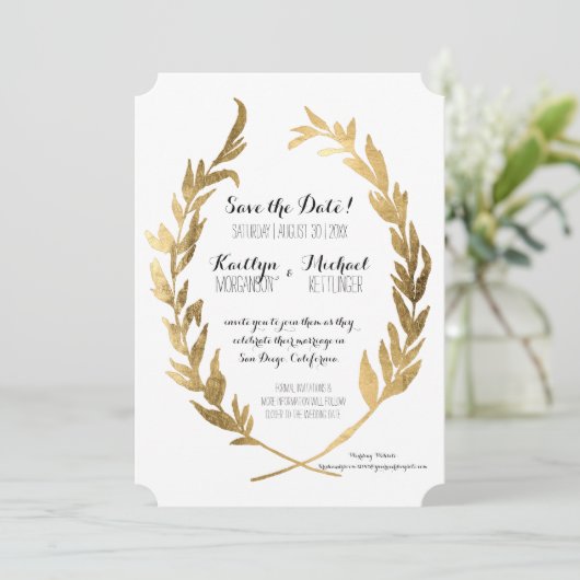 Save The Date Enregistrer la date Laurel Wreath Olive Leaf Faux  (Debout devant)