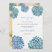 Save The Date Enregistrer la date Linge bleu aquarelle Dahlias (Devant / Derrière)