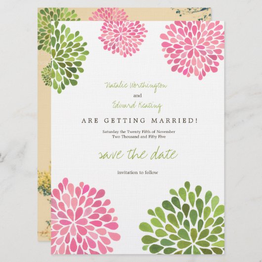 Save The Date Enregistrer la date Linge rose et vert Fleur fleur (Devant / Derrière)