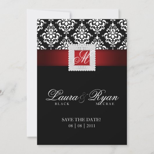 Save The Date Enregistrer la date Mariage Damask Jewel Rouge Noi (Devant)