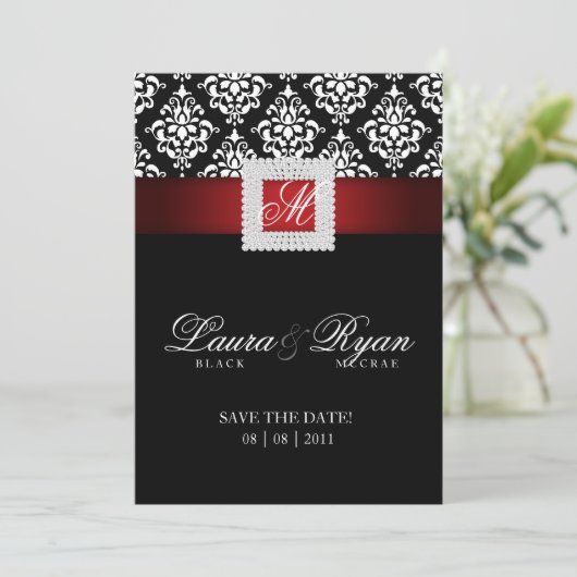 Save The Date Enregistrer la date Mariage Damask Jewel Rouge Noi (Debout devant)